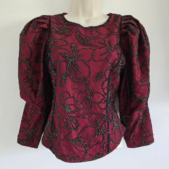 Who Chu Tops - Who Chu Women's Satin Mesh Floral Blouse Puff Sleeve Red Size 4 Whimsigoth
